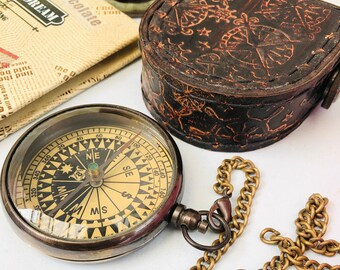 Personalized Brass Compass with Leather Case – Custom Engraved Gift