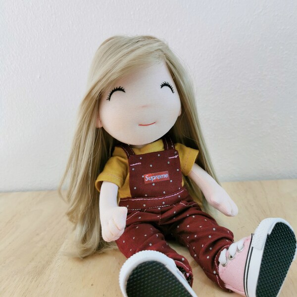 Waldorf Doll Inspiration, Handmade Long Blonde Hair Rag Doll with Clothes, Soft Cloth Plush Doll for Collectors