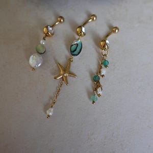 Piercing per ombelico con conchiglia, stella marina, perla d'acqua dolce, acciaio inossidabile, filo riempito d'oro, abalone verde dorato, vera conchiglia