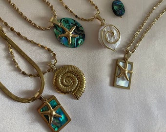 Stainless steel seashell, Natural Abalone & Mother of Pearl shell starfish necklace