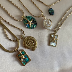 Stainless steel seashell, Natural Abalone & Mother of Pearl shell starfish necklace
