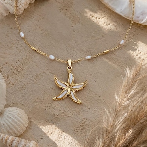 MOP starfish & Freshwater pearl necklace, stainless steel / mother of pearl / beachy / summer