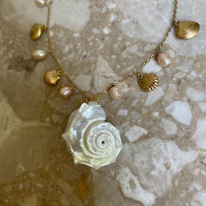 Collar XL de perlas de agua dulce color melocotón con dijes de estrella de mar y concha, chapado en oro. Acero inoxidable.