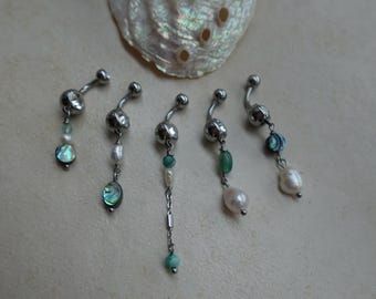 Piercing per ombelico con perla d'acqua dolce, acciaio chirurgico/acciaio inossidabile, non sbiadisce, conchiglia di abalone, pietra naturale, argento, barra da 8 mm
