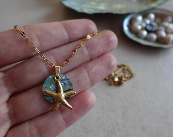 Abalone Shell Pendant Necklace, starfish stainless steel PVD plated