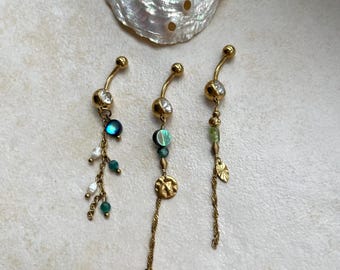 Seashell Starfish Freshwater Pearl Belly Bar Stainless Steel Gold Green Abalone Real Shell