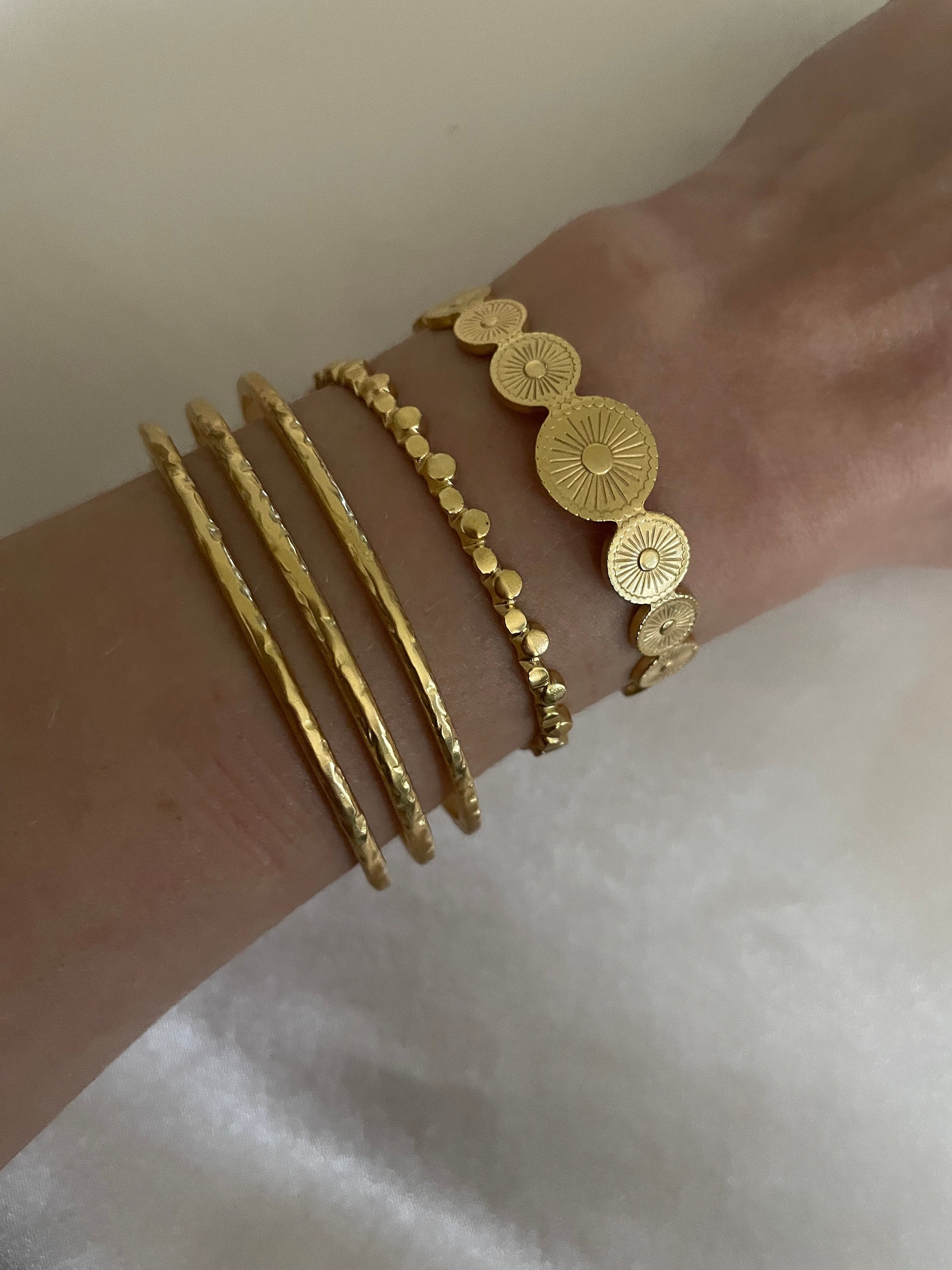 18 karat gold plated stainless steel bangle bracelet boho hammered textured