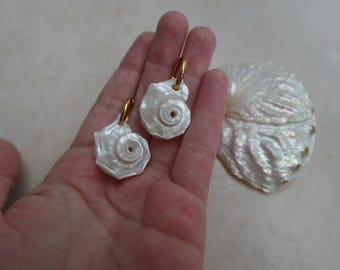 May include: Two white iridescent seashell pendants with gold-toned metal hoops attached to the top. The shells feature a natural spiral pattern and a glossy, pearlescent finish. A larger, matching iridescent seashell is positioned nearby.