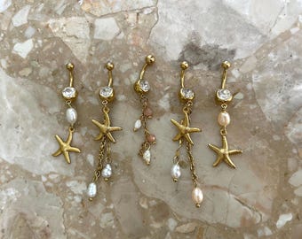 Seashell Starfish Freshwater Pearl Double Gem Belly Bar Stainless Steel Gold Filled Wire 6/8/10/12MM Bar