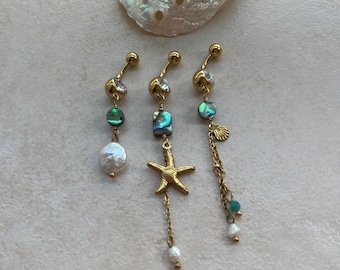 Seashell Starfish Freshwater Pearl Belly Bar Stainless Steel Gold Filled Wire Gold Green Abalone Real Shell