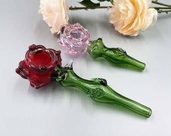 Rose Pipe Handmade Glass Pipe, Pink Flower Glass Pipe, Art Lady Pipe, Unique Gift for Her, Boric Acid Glass Pipe