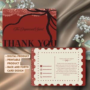 May include: A rectangular thank you card design featuring a deep red front with black lace-like patterns and the text The Organised Saint and THANK YOU. The reverse is cream-colored with red scalloped edges, text, and social media icons.