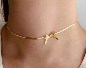 Minimalist Knot Bow Choker, Necklace for Women, Gold Plated Chain Necklace