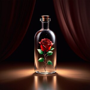 Könnte beinhalten: Eine einzelne rote Rose ist in einer durchsichtigen Glasflasche mit einem Korkverschluss konserviert. Die Rose ist von grünen Blättern umgeben und wird von einem sanften Licht beleuchtet.