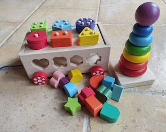 Pull Along Educational Toy Wooden Shape Sorter and Stacking Rings Montessori Toys for Toddlers 1-3  Boys and Girls