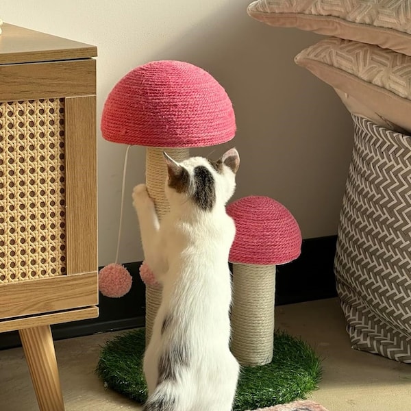Pink Mushroom Shaped Cat Scratching Post Natural Durable Sisal Board Scratcher Encourages Good Behavior Furniture Scratch Deterrent 17.2"H