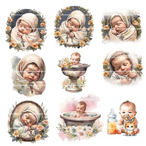 May include: Nine watercolor illustrations of babies in various poses, including sleeping, bathing, and holding a cross. The illustrations are surrounded by floral elements and have a soft, pastel color palette.