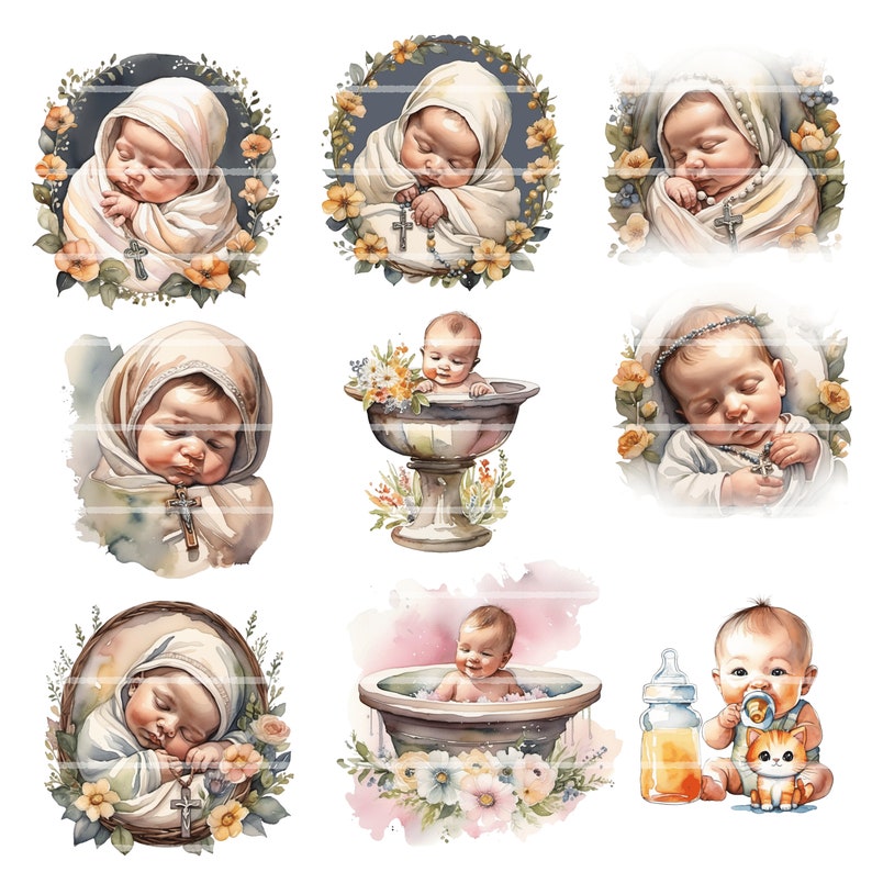 May include: Nine watercolor illustrations of babies in various poses, including sleeping, bathing, and holding a cross. The illustrations are surrounded by floral elements and have a soft, pastel color palette.