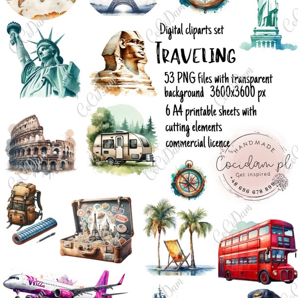 Traveling clipart set transparent background, PNG instant download DIY scrapbook kit commercial licence, watercolor bundle, holiday vacation