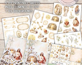 Easter Sacrum – religious scrapbooking collection | 45 PNG elements, 7 A4 backgrounds, 5 cutting sheets | Easter, Holy Communion, Baptism