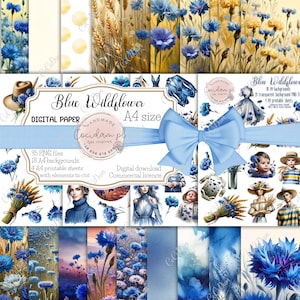 Digital paper pattern clipart set Blue Wildflower commercial licence instant download, watercolor  DIY scrapbook Junk journal kit cornflower