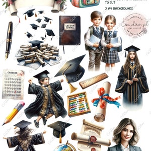 Gráficos de Scrapbooking Digital de Graduación – 47 PNG y 6 Hojas A4 – Elementos de acuarela para el día del maestro, fin de clases, útiles escolares DIY