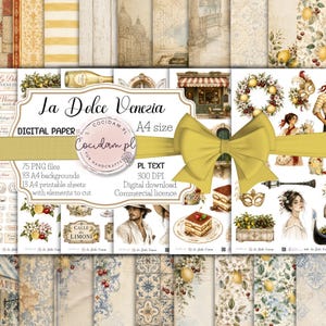 May include: A digital paper collection titled La Dolce Venezia featuring A4 size sheets with patterns of lemons, Venetian architecture, floral motifs, and vintage script. The set includes 75 PNG files, 33 backgrounds, and 13 printable sheets.