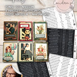 May include: A collection of digital art prints for handcrafts. The image features various themed sheets with over 700 inscriptions, each in 9 variations. The prints include illustrations and text, with a logo for Cocidam.pl.