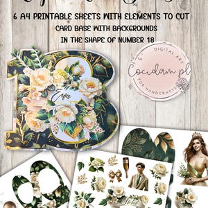 Eighteen Card Base Set – Digital 18th Birthday Cardmaking Kit with Floral Elements, Portraits & Unique Card Shape for Scrapbooking DIY kit