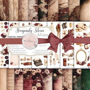 Puede incluir: Paquete de papel digital "Burgundy Stories" con diversas texturas, diseños florales y elementos vintage. Incluye fondos A4, hojas imprimibles y archivos PNG. La paleta de colores incluye borgoña, crema y verde.