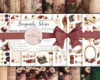 Burgundy Stories – Vintage Burgundy Scrapbooking Kit | 132 A4 Files | Flowers, Frames, Backgrounds, Cutouts | Printable Junk Journal