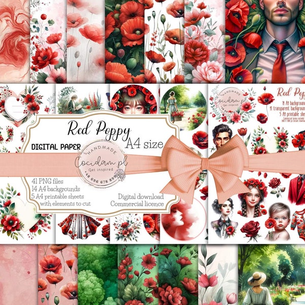 Digital paper pattern clipart set Red Poppy commercial licence instant download, watercolor  DIY scrapbook Junk journal kit cornflower