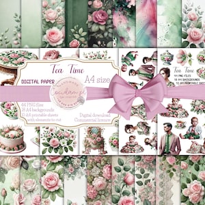 Tea Time aquarelcollectie - 44 PNG-elementen, 18 achtergronden, 10 knipvellen | Vintage bloemen scrapbooking & doe-het-zelf ambachten | Roze Rozen