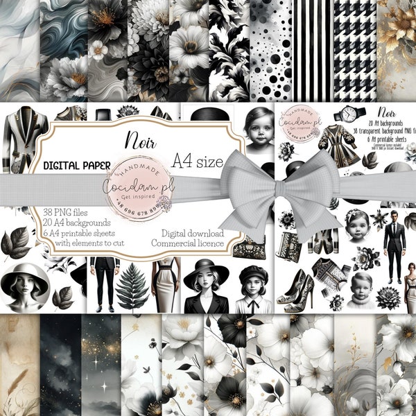 Digital paper pattern clipart set Noir commercial licence instant download watercolor  DIY scrapbook Junk journal kit malva black white gold