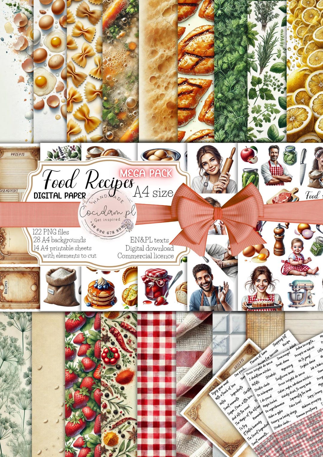 食品レシピ コレクション - 122 枚の PNG グラフィック、28 枚の A4 背景、14 枚のカッティング  シート、レシピ、カード、料理の装飾に最適 300DPI - Etsy 日本, image size:1080x1528