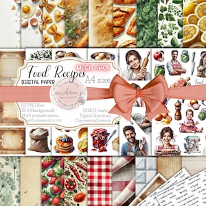 Coleção Food Recipes - 122 gráficos PNG, 28 fundos A4, 14 folhas de corte, perfeitas para receitas, cartões e decorações culinárias 300DPI