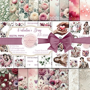 Collezione di album digitali per San Valentino – 44 file PNG, 25 sfondi A4, 8 fogli ritagliati – Set fai da te con grafica romantica ad acquerello