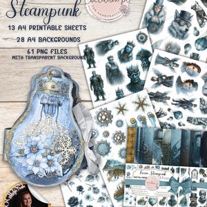 Könnte beinhalten: Digitale Kunstsammlung "Frozen Steampunk" mit druckbaren Blättern, Hintergründen und PNG-Dateien. Das Kunstwerk zeigt eine hellblaue Farbpalette mit steampunk-inspirierten Illustrationen, darunter Zahnräder, Schneeflocken und florale Elemente. Die Sammlung umfasst 13 A4-Druckbögen, 28 A4-Hintergründe und 61 PNG-Dateien.