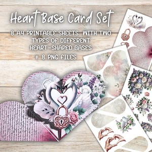 Conjunto base de tarjetas de corazón: 8 papeles digitales A4 para álbumes de recortes, tarjetas de corazón plegables, elementos PNG para el amor y kit de proyectos románticos de bricolaje
