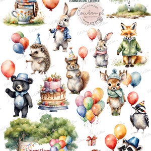 Woodland Birthday Digitale afbeeldingen: Realistische aquareldieren met ballonnen, hoeden, 61 PNG's en 7 A4-knipvellen, cliparts voor bosfeesten