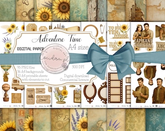 Adventure Time – Travel Scrapbook Graphics Set | Vintage Watercolors | PNG Cutouts | Mixed Media Backgrounds A4