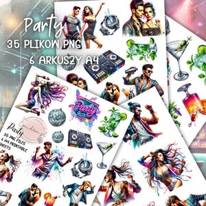 パーティー コレクション: 招待状、スクラップブッキング、クラフト用の PNG ファイル 35 枚 + A4 シート 6 枚 – 透明な背景を持つ鮮やかな水彩デザイン