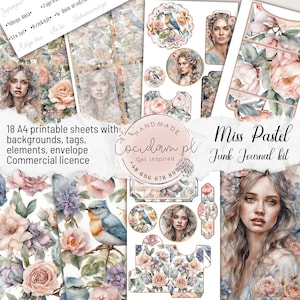 Patrón de papel digital para diario basura Miss Pastel, licencia comercial de descarga instantánea, kit de álbum de recortes de bricolaje con acuarela, elegante dama con flores