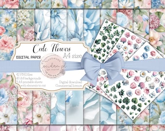Digital Flower pattern clipart set "Cute Flowers", commercial license, instant download, watercolor floral, DIY junk journal scrapbook kit