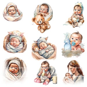 May include: A watercolor illustration of nine babies in various poses. Some babies are sleeping, some are awake, and some are holding toys. The babies are all dressed in different clothes and have different expressions on their faces.