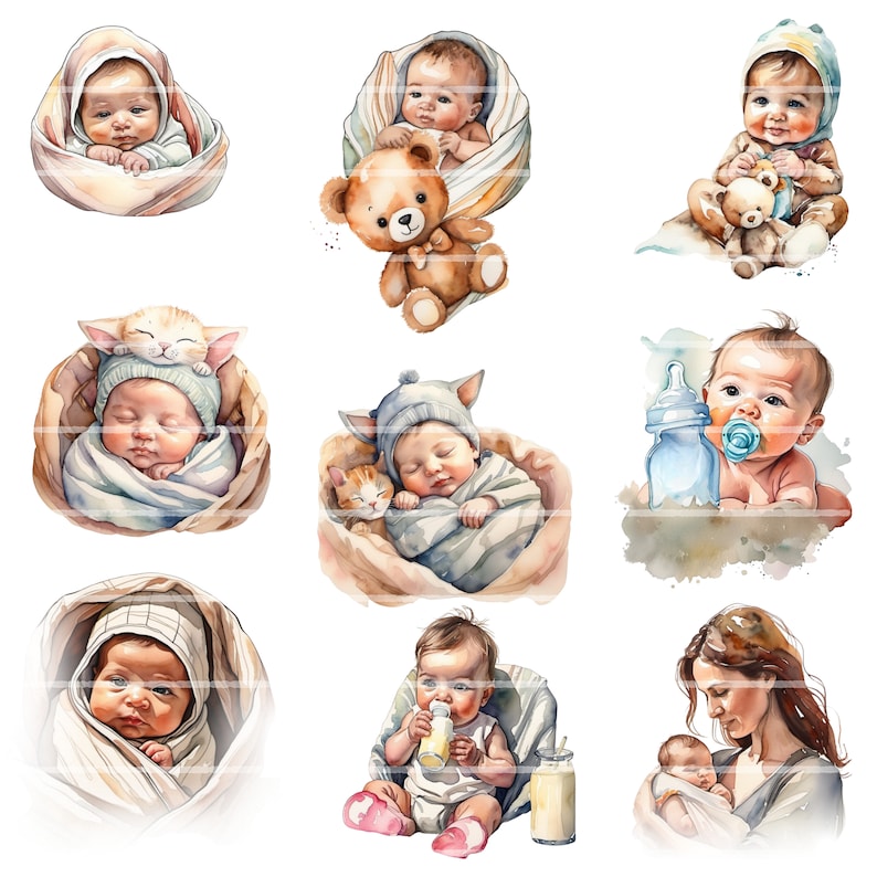 May include: A watercolor illustration of nine babies in various poses. Some babies are sleeping, some are awake, and some are holding toys. The babies are all dressed in different clothes and have different expressions on their faces.