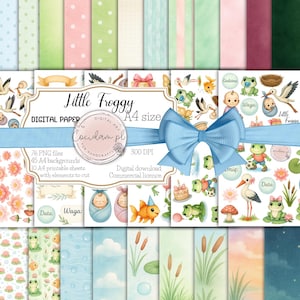 Little Froggy - colección de gráficos de álbumes de recortes de ranas, fondos A4, elementos recortables, cumpleaños, baby shower, nacimiento 76 PNG 45 fondos A4