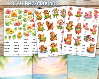 Aloha Flamingos and Capybaras – Tropical Scrapbooking Collection, ATC, Cutouts, A4 Backgrounds, Lettering, Hawaiian Animals