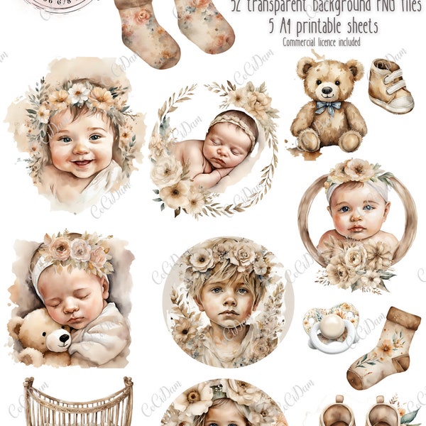 Boho Beige Baby clipart set transparent background baby shower newborn instant download DIY scrapbook kit commercial licence handmade bundle