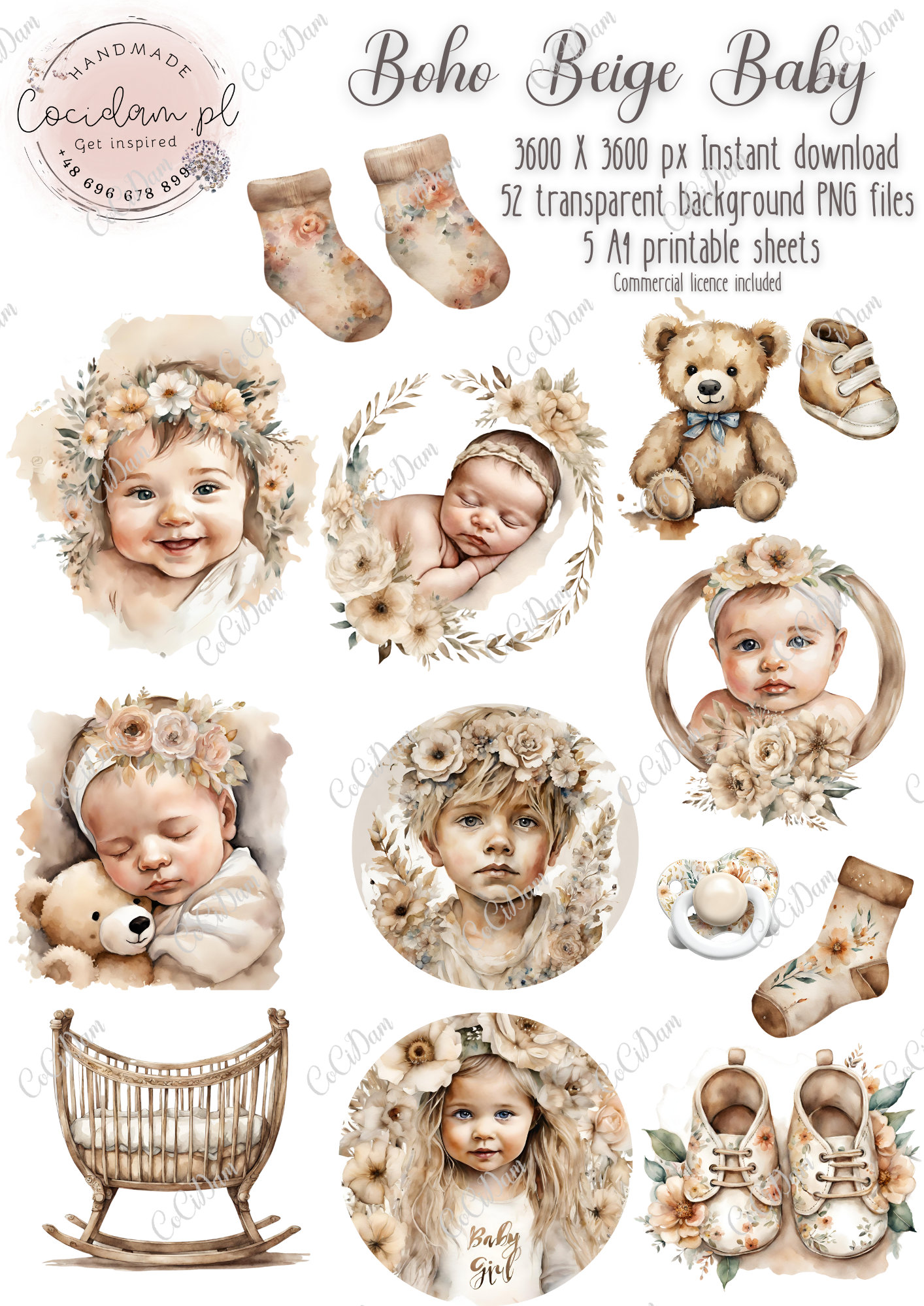 Boho Beige Baby Clipart Set Transparent Background Baby Shower Newborn ...